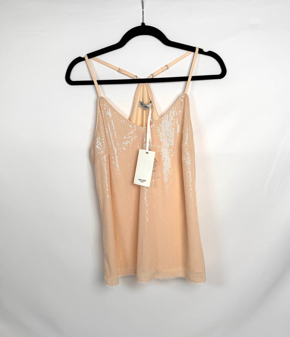 Grace Karin Sequin Cami Tank Top Blush Nude Racerback Size M NWT Sparkle
